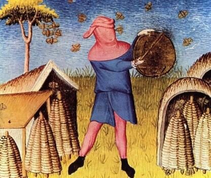image from a medieval manuscript showing someone tanging a swarm